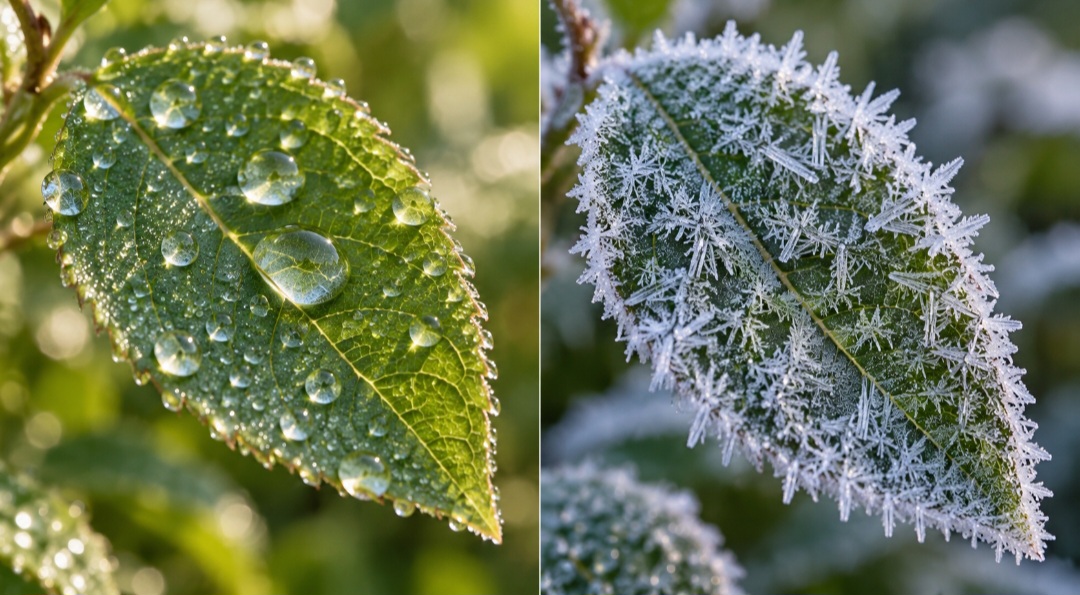 O orvalho permanece líquido, enquanto a geada branca é formada por cristais de gelo. A temperatura da superfície é decisiva: folhas e objetos podem ficar abaixo de 0 °C mesmo quando o termômetro, instalado mais alto, indica uma temperatura positiva.