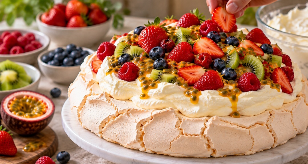 A Pavlova é uma sobremesa feita à base de merengue, geralmente coberta com chantilly e frutas frescas. Por fora, forma uma casquinha crocante; por dentro, permanece macia e aerada, quase como um marshmallow. -  (crédito: Imagem gerada por i.a )