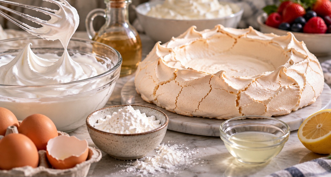 Além de claras e açúcar, receitas tradicionais podem levar um pouco de amido de milho e vinagre ou suco de limão. Esses ingredientes ajudam a produzir o característico interior macio que contrasta com a casquinha de merengue.