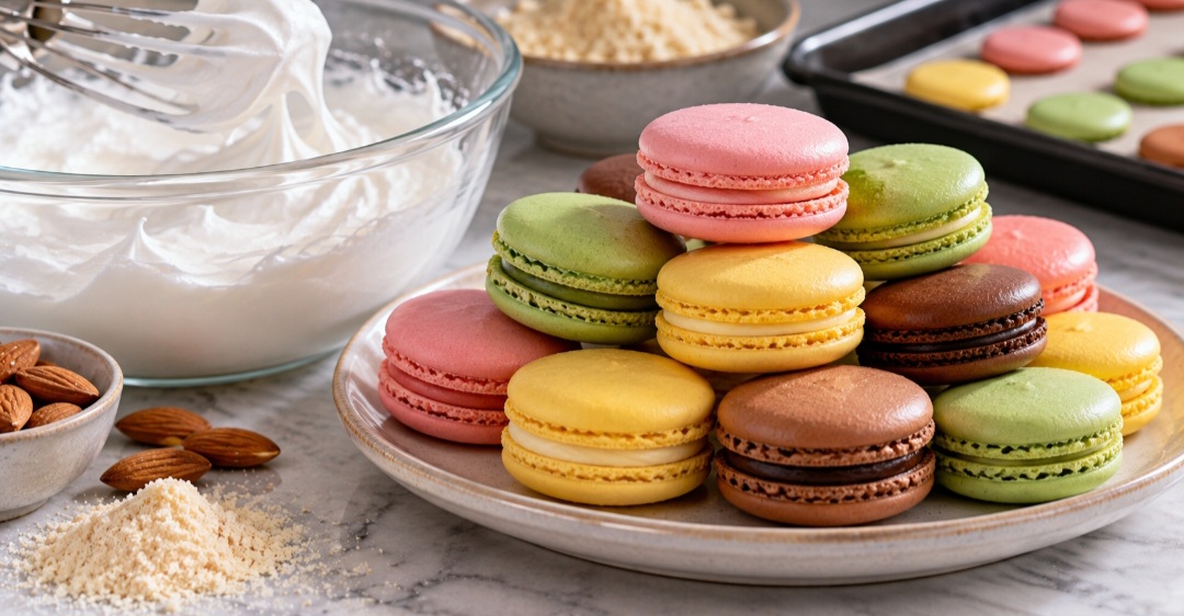 Os coloridos macarons franceses têm claras entre seus ingredientes fundamentais. Elas são batidas para formar o merengue que depois é combinado, geralmente, com farinha de amêndoas e açúcar. O preparo exige precisão, mas transforma as sobras em um doce sofisticado.