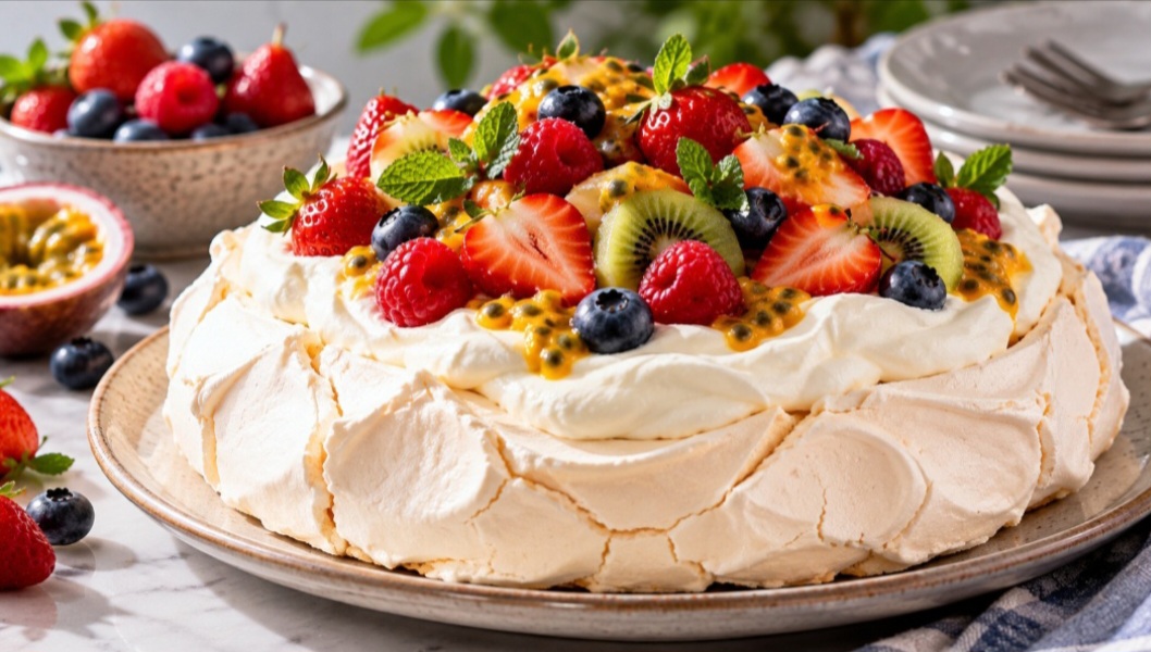 A pavlova também transforma claras em uma sobremesa vistosa. Sua base de merengue costuma ficar crocante por fora e mais macia no interior, sendo tradicionalmente acompanhada por creme e frutas. É uma ótima maneira de aproveitar várias claras de uma vez.