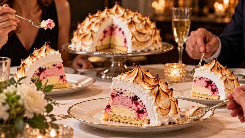 Depois de dourado, o Baked Alaska deve ser servido sem muita demora. Ao ser cortado, revela justamente o contraste que tornou a sobremesa famosa: merengue tostado por fora e sorvete ainda firme e gelado no interior.