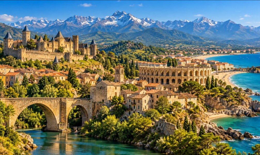 Localizada no sul da França, a Occitânia reúne um patrimônio histórico e natural impressionante. A região abriga cidades medievais, monumentos romanos, vilarejos pitorescos e paisagens que vão das praias do Mediterrâneo às montanhas dos Pireneus. Conheça algumas de suas principais atrações. -  (crédito: Imagem gerada por i.a )