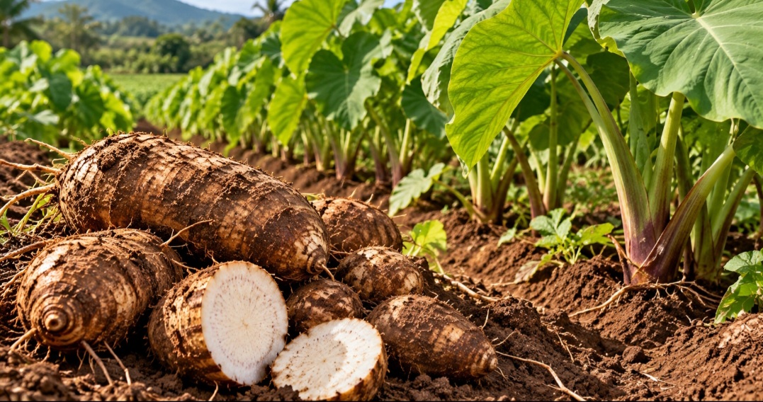Pesquisadores da UFRJ e da Universidade Estadual do Maranhão estudam a tarina, proteína extraída do taro (Colocasia esculenta), também chamado de inhame em algumas regiões. A substância apresentou resultados promissores em pesquisas laboratoriais sobre o câncer. -  (crédito: Imagem gerada por i.a )