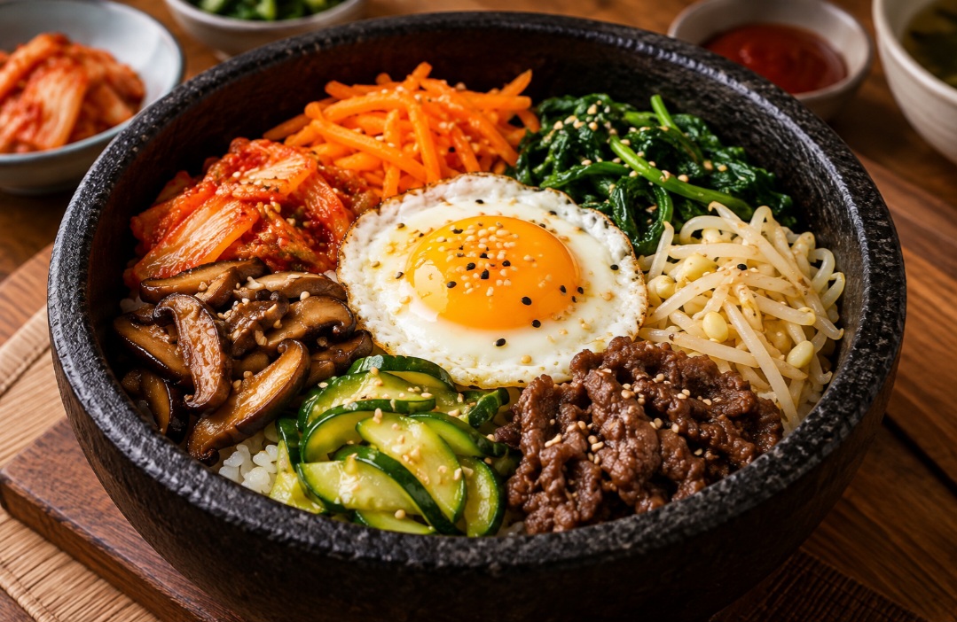 A proposta do bibimpap é simples: reunir diferentes ingredientes sobre uma base de arroz branco e misturá-los antes de comer. O resultado, porém, está longe de ser simples em sabor e apresentação.
