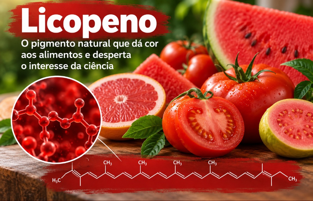 Presente no tomate, na melancia e em outras frutas, o licopeno é um pigmento natural responsável por diferentes tonalidades de vermelho. Além de colorir os alimentos, essa substância desperta o interesse de pesquisadores por suas propriedades antioxidantes e possíveis benefícios à saúde. Conheça algumas curiosidades sobre esse composto. -  (crédito: Imagem gerada por i.a )
