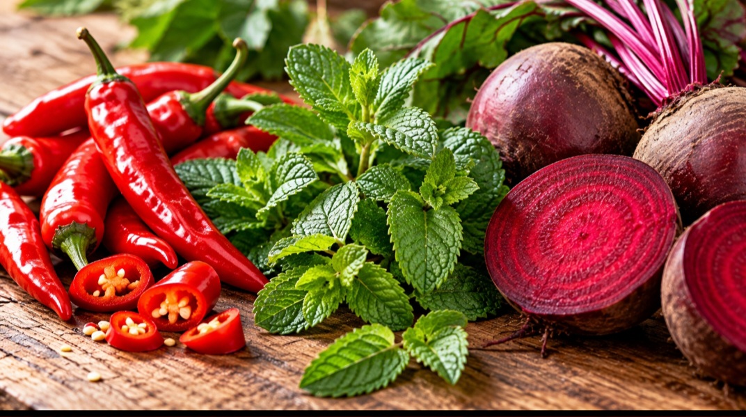Por que a pimenta provoca ardência, a hortelã refresca e a beterraba tem uma cor tão intensa? A explicação está em substâncias naturais presentes nos alimentos, muitas delas pouco conhecidas. Esses compostos são responsáveis por características curiosas. -  (crédito: Imagem gerada por i.a )