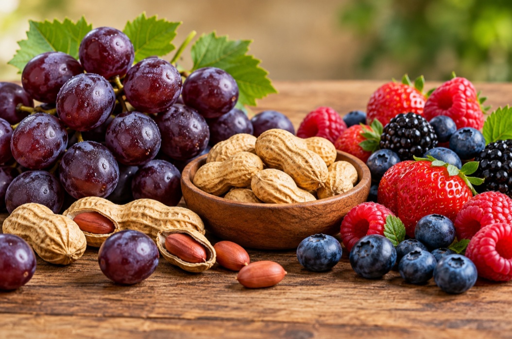 Uvas frescas, amendoim e algumas frutas vermelhas podem fornecer pequenas quantidades de resveratrol. Assim, não é necessário consumir vinho para ter contato com essa substância, que faz parte da composição natural de determinados alimentos.