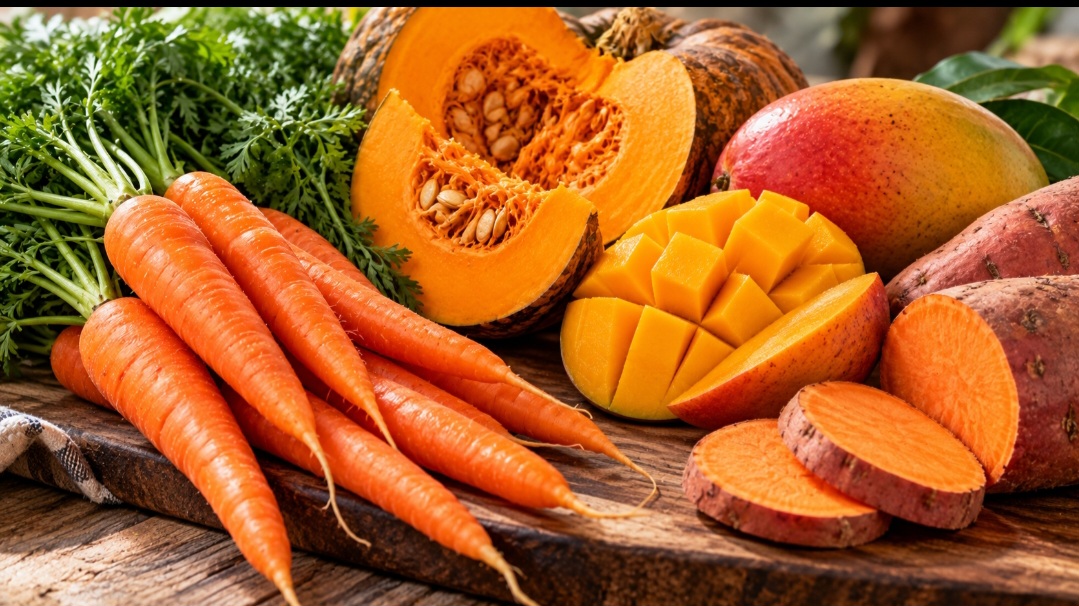Betacaroteno: Presente na cenoura, na abóbora, na manga e na batata-doce alaranjada, o betacaroteno é responsável por tons amarelos e alaranjados. Além de atuar como antioxidante, pode ser convertido pelo organismo em vitamina A, nutriente essencial para a visão, a imunidade e a manutenção da pele.