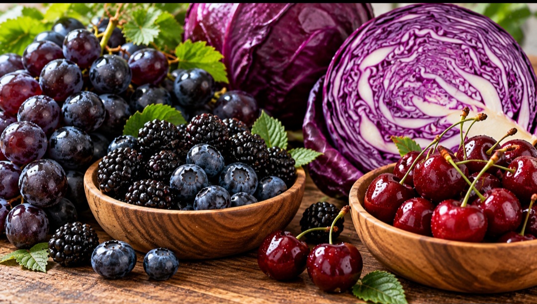 Antocianinas: Pertencem à família dos flavonoides e produzem tonalidades que variam do vermelho ao azul e ao roxo. Estão presentes em alimentos como uvas escuras, amoras, mirtilos, cerejas e repolho roxo. São estudadas por sua atividade antioxidante e por possíveis efeitos benéficos à saúde cardiovascular.