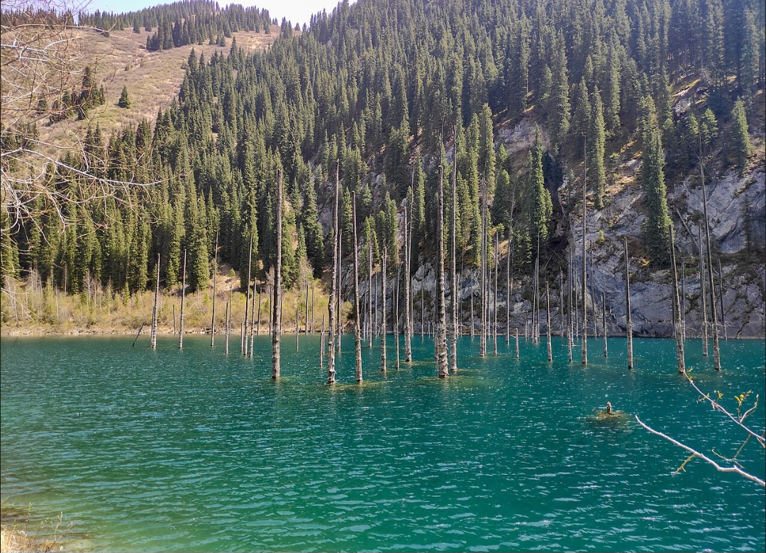 Apesar da fama internacional, o Lago Kaindy possui apenas cerca de 400 metros de comprimento e atinge profundidades próximas de 30 metros. Cercado por montanhas e florestas, está situado a aproximadamente 2 mil metros de altitude, em uma região de clima montanhoso