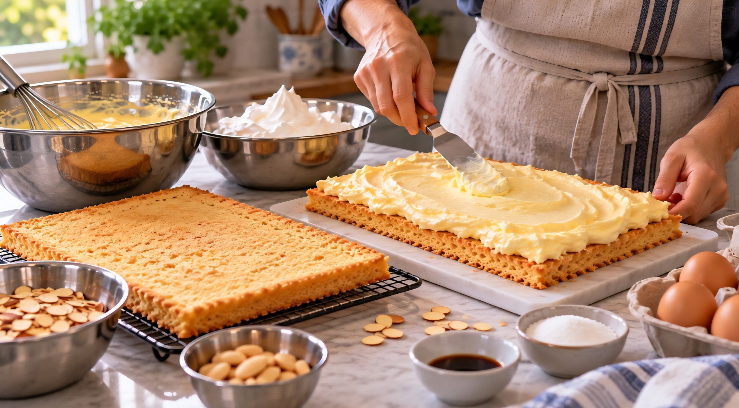 O recheio costuma combinar creme de baunilha com chantilly, formando uma mistura leve e delicada. Depois de assada e resfriada, a base é dividida em duas partes, que são sobrepostas com o creme entre elas.
