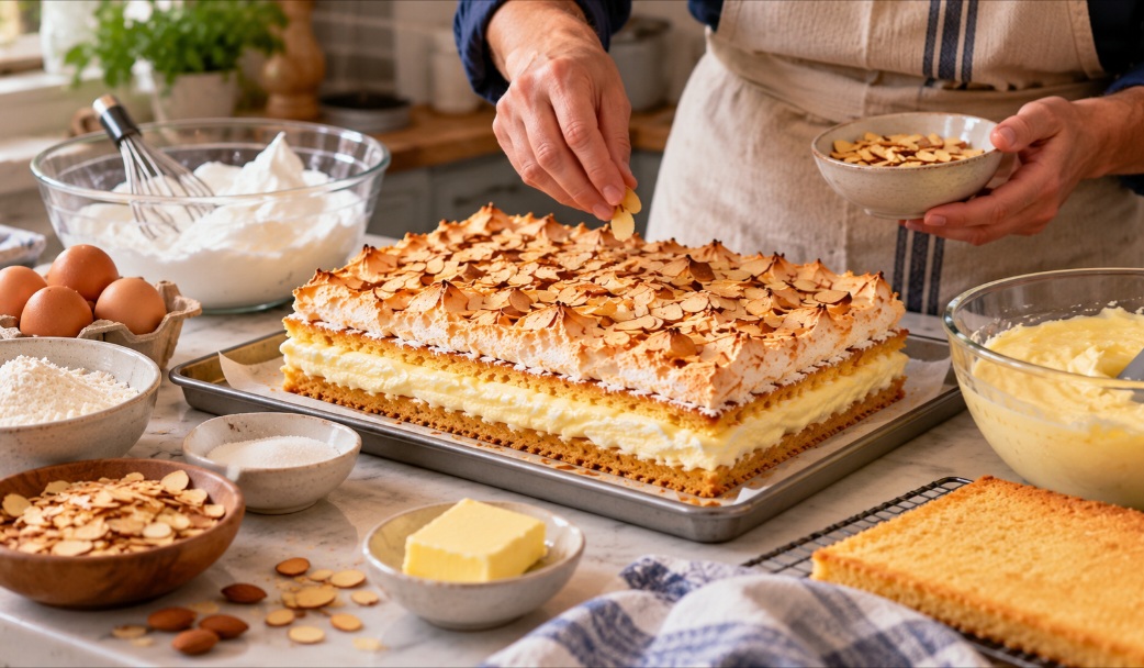 Uma das características mais marcantes do Kvæfjordkake é a mistura de camadas macias e crocantes. A massa amanteigada recebe uma cobertura de merengue com amêndoas, enquanto o recheio cremoso equilibra os sabores.