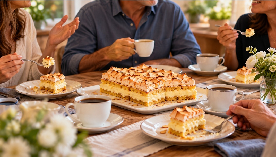 Embora seja bastante associado a festas e comemorações, o Kvæfjordkake também pode ser saboreado em ocasiões mais informais, acompanhando um café da tarde ou encontros entre amigos e familiares. Presente em casas, cafés e confeitarias da Noruega, o bolo mantém viva uma tradição de quase um século.