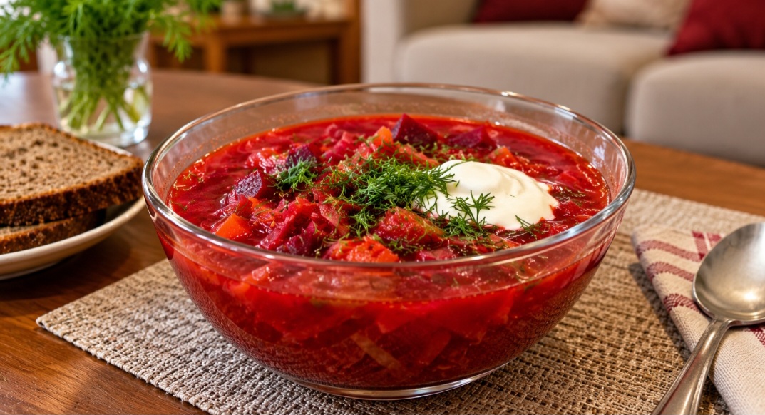 Em algumas variações, o tomate ou o extrato de tomate também são adicionados, intensificando o sabor e a cor. O prato costuma ser finalizado com ervas frescas, como dill, e servido com uma colher de creme azedo, que contrasta com a acidez e a doçura da beterraba.
