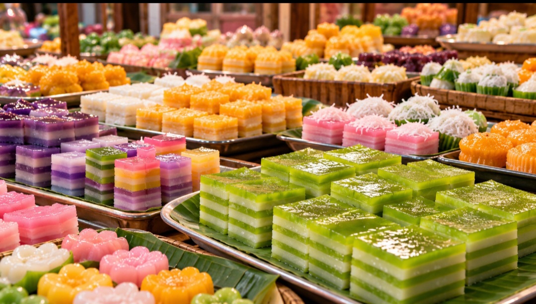 Tradicionalmente, o verde é obtido com folhas de pandan, planta aromática muito utilizada na culinária do Sudeste Asiático. As camadas claras preservam a tonalidade natural da mistura com leite de coco. Atualmente, também existem versões com outras cores e aromas.