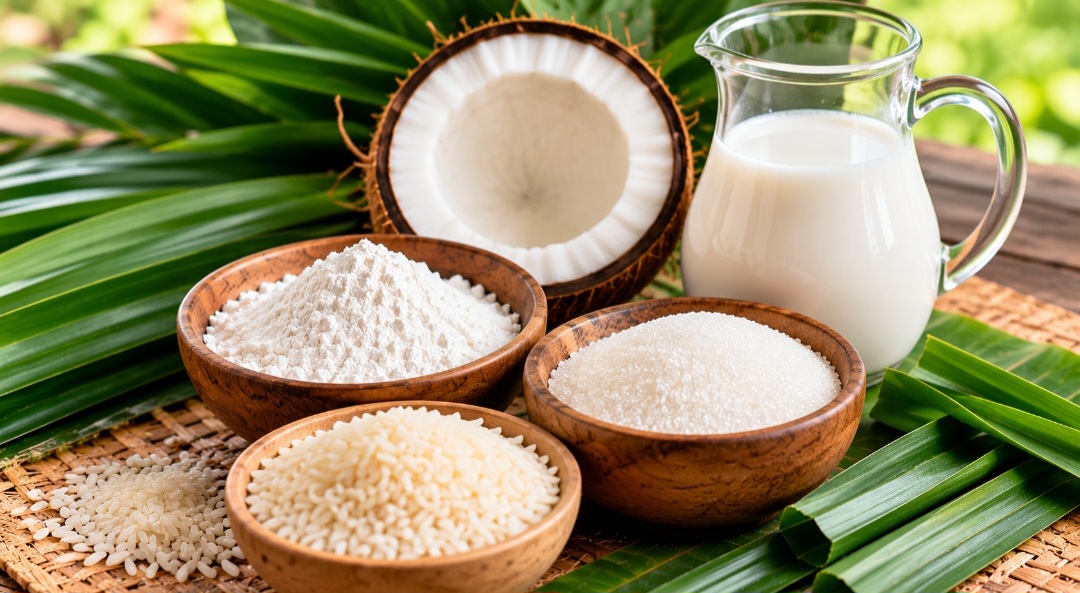 A receita costuma utilizar leite de coco, açúcar, farinha de arroz, farinha de tapioca e, em algumas versões, farinha de araruta. A combinação desses ingredientes proporciona uma textura característica, diferente daquela encontrada em bolos preparados com farinha de trigo.