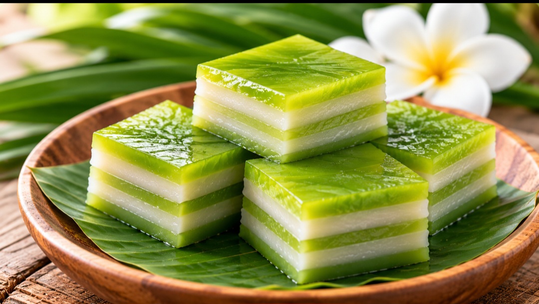 Colorido, delicado e cheio de simbolismo, o Khanom Chan é uma sobremesa tradicional da Tailândia que chama a atenção por suas camadas sobrepostas. Preparado com ingredientes como leite de coco, açúcar e diferentes tipos de farinha, o doce combina textura macia e aparência bastante peculiar. -  (crédito: Imagem gerada por i.a)