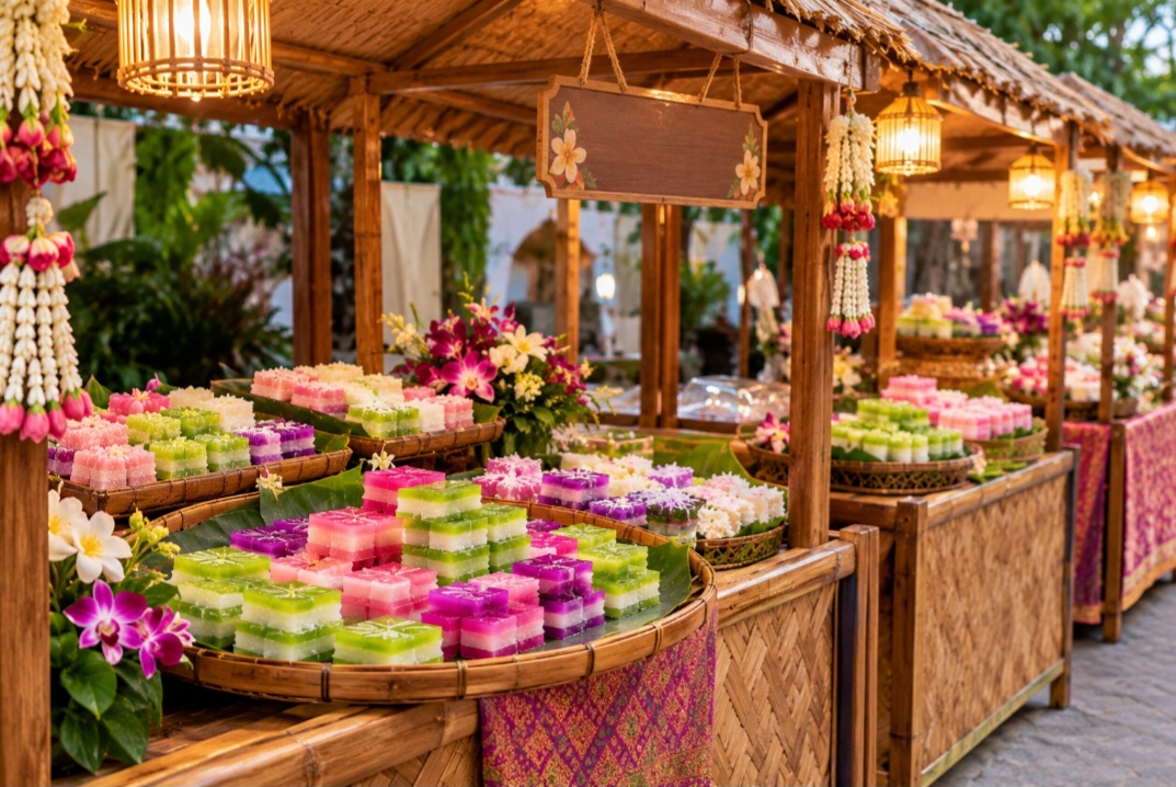 Embora tenha importância em celebrações, o Khanom Chan também é vendido em mercados, barracas de comida e estabelecimentos especializados em doces tailandeses. Pode ser encontrado em porções quadradas ou em formatos decorativos, mantendo sua aparência característica em camadas.