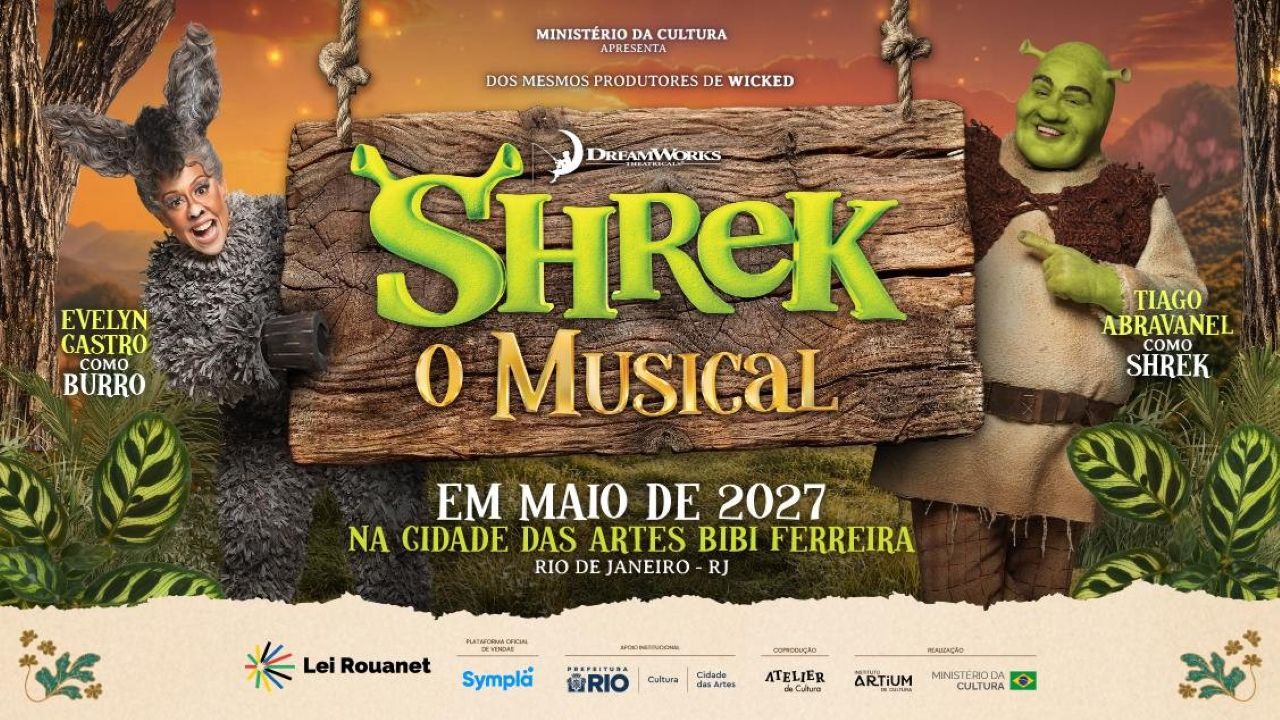 Tiago Abravanel voltará a interpretar Shrek na temporada carioca de “Shrek - O Musical”, que estreia em 19 de maio de 2027 e ficará em cartaz, inicialmente, até 13 de junho, na Grande Sala da Cidade das Artes Bibi Ferreira, na Barra da Tijuca. Evelyn Castro também foi confirmada no elenco, no papel do Burro, ao lado do ator. -  (crédito: Divulgação)