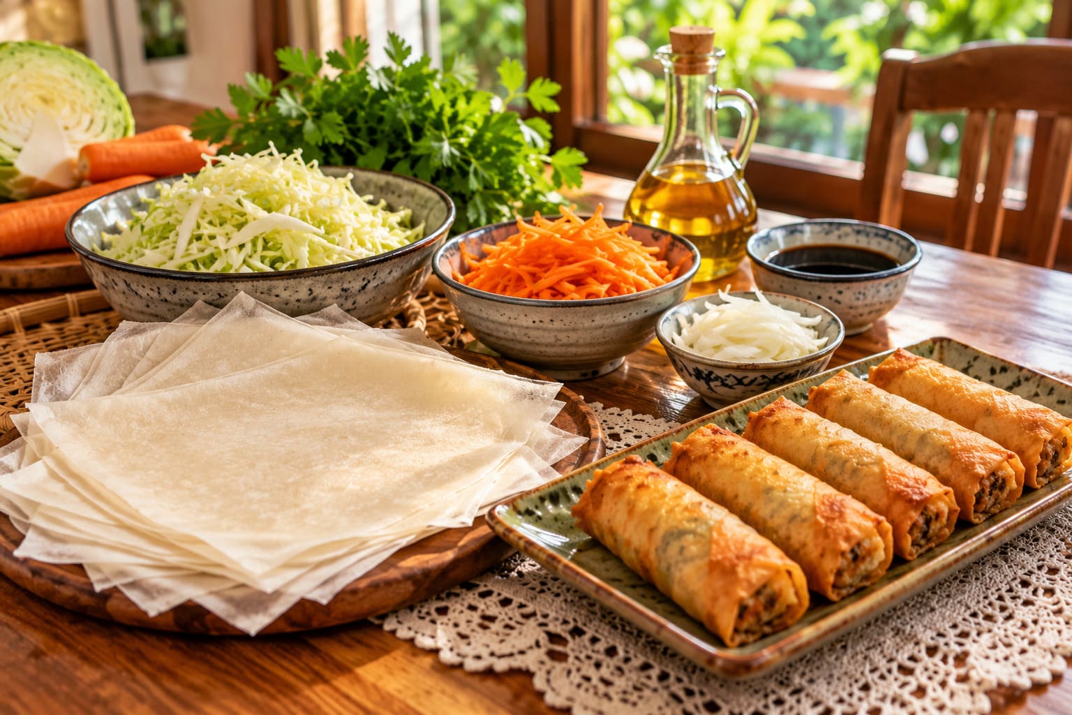 Para preparar cerca de oito unidades, separe oito folhas de massa própria para rolinho primavera, duas xícaras de repolho fatiado, uma cenoura ralada, meia cebola e uma colher de molho de soja (shoyu). Tenha também óleo para refogar e fritar.