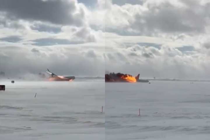 O vídeo registra o instante em que a aeronave toca na pista, pega fogo e em seguida vira de ponta-cabeça. Entenda o que aconteceu!
